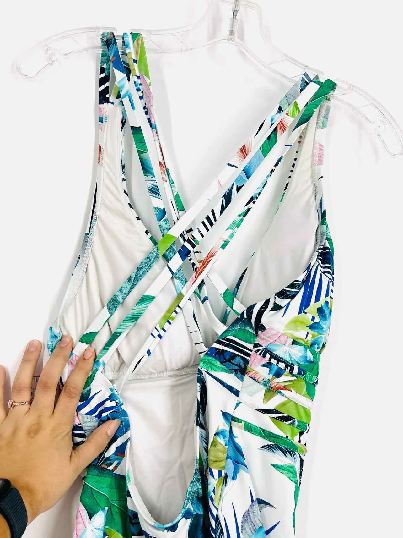 La Blanca Taille 10 Blanc/Multicolore Maillot de Bain Tropical à Lacets Croisés