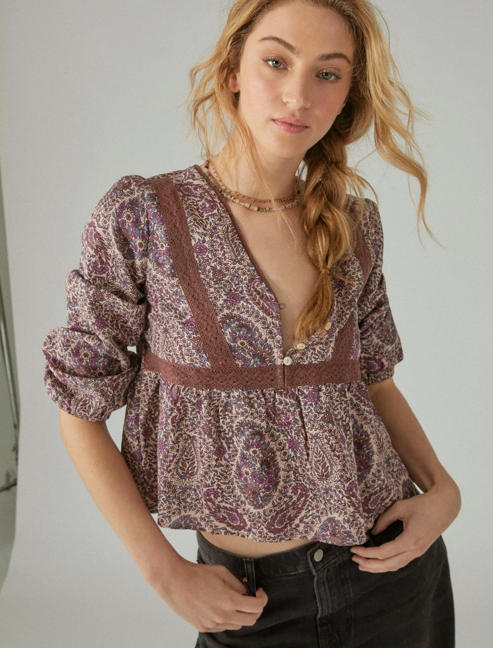 Lucky Brand Haut Babydoll à Dentelle Imprimée Insert Mauve Multi Lucky Brand