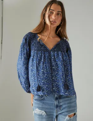 Lucky Brand Blouse paysanne froncée imprimée indigo multicolore Lucky Brand