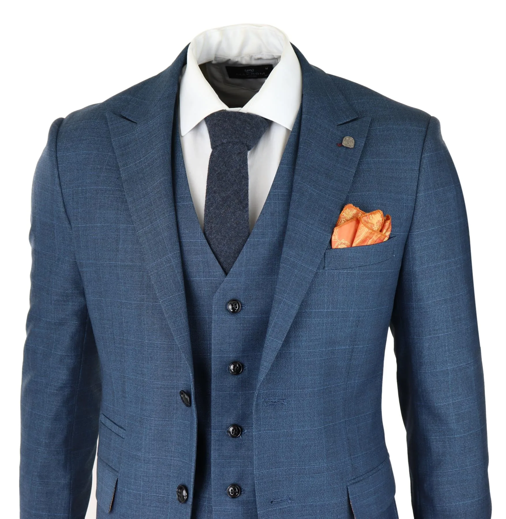 Costume Homme 3 Pièces Bleu Prince De Galles à Carreaux Classique Tailleur Léger Coupe Moderne