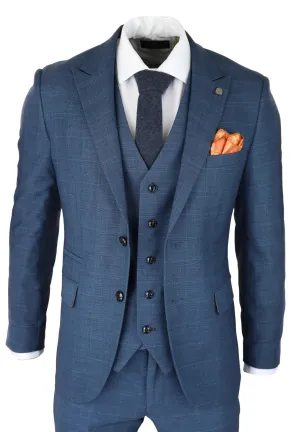 Costume Homme 3 Pièces Bleu Prince De Galles à Carreaux Classique Tailleur Léger Coupe Moderne