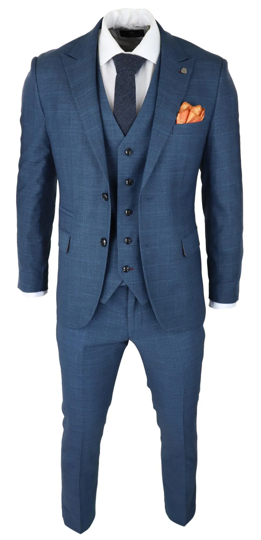 Costume Homme 3 Pièces Bleu Prince De Galles à Carreaux Classique Tailleur Léger Coupe Moderne
