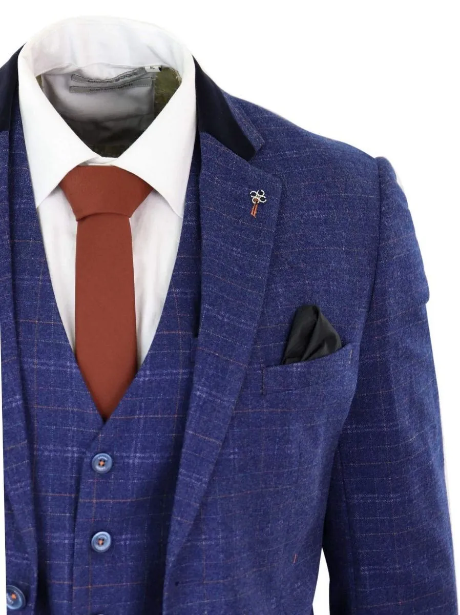 Costume vintage classique en tweed bleu à carreaux, 3 pièces pour homme