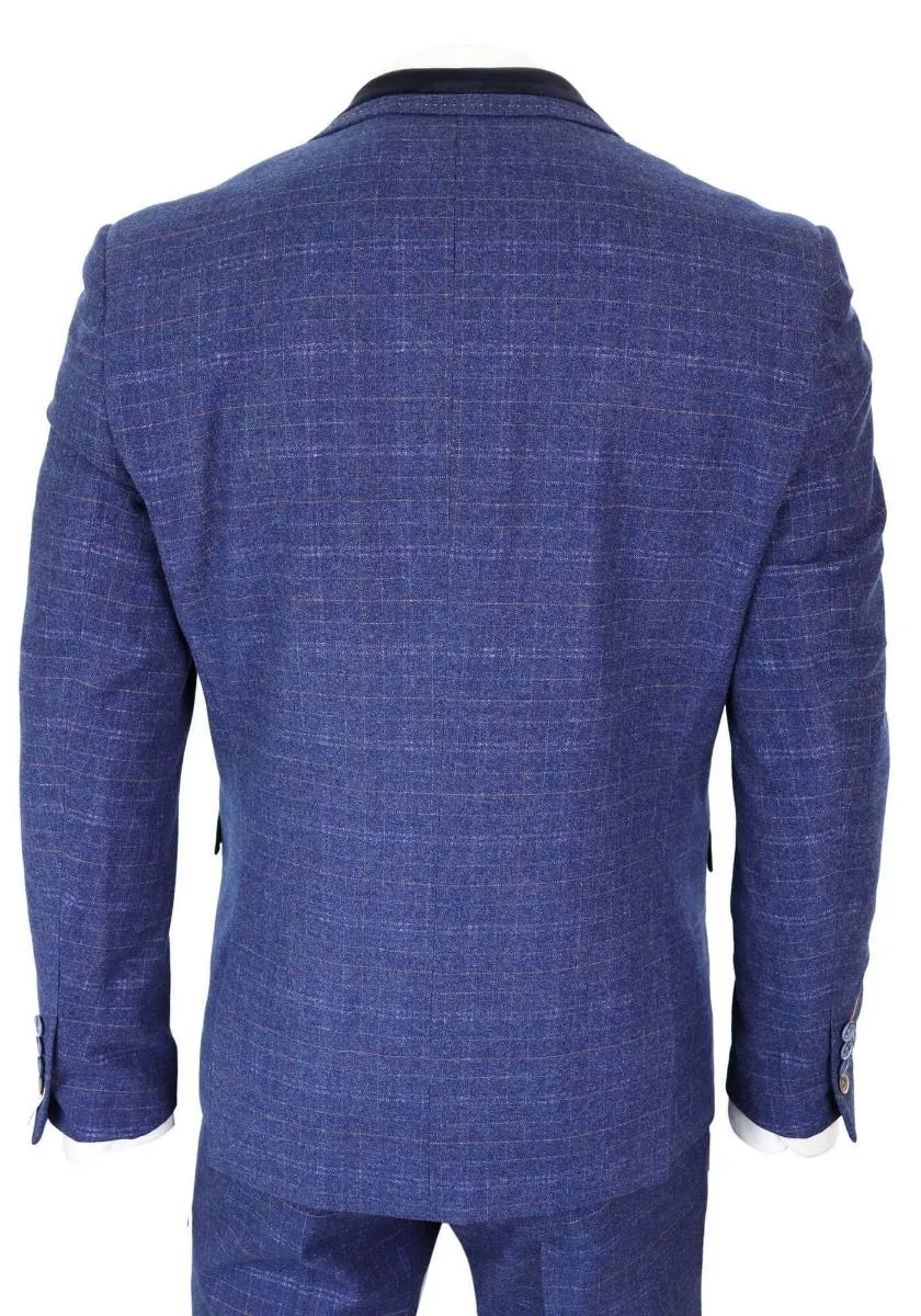 Costume vintage classique en tweed bleu à carreaux, 3 pièces pour homme