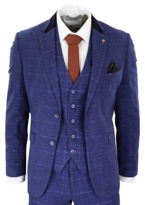 Costume vintage classique en tweed bleu à carreaux, 3 pièces pour homme