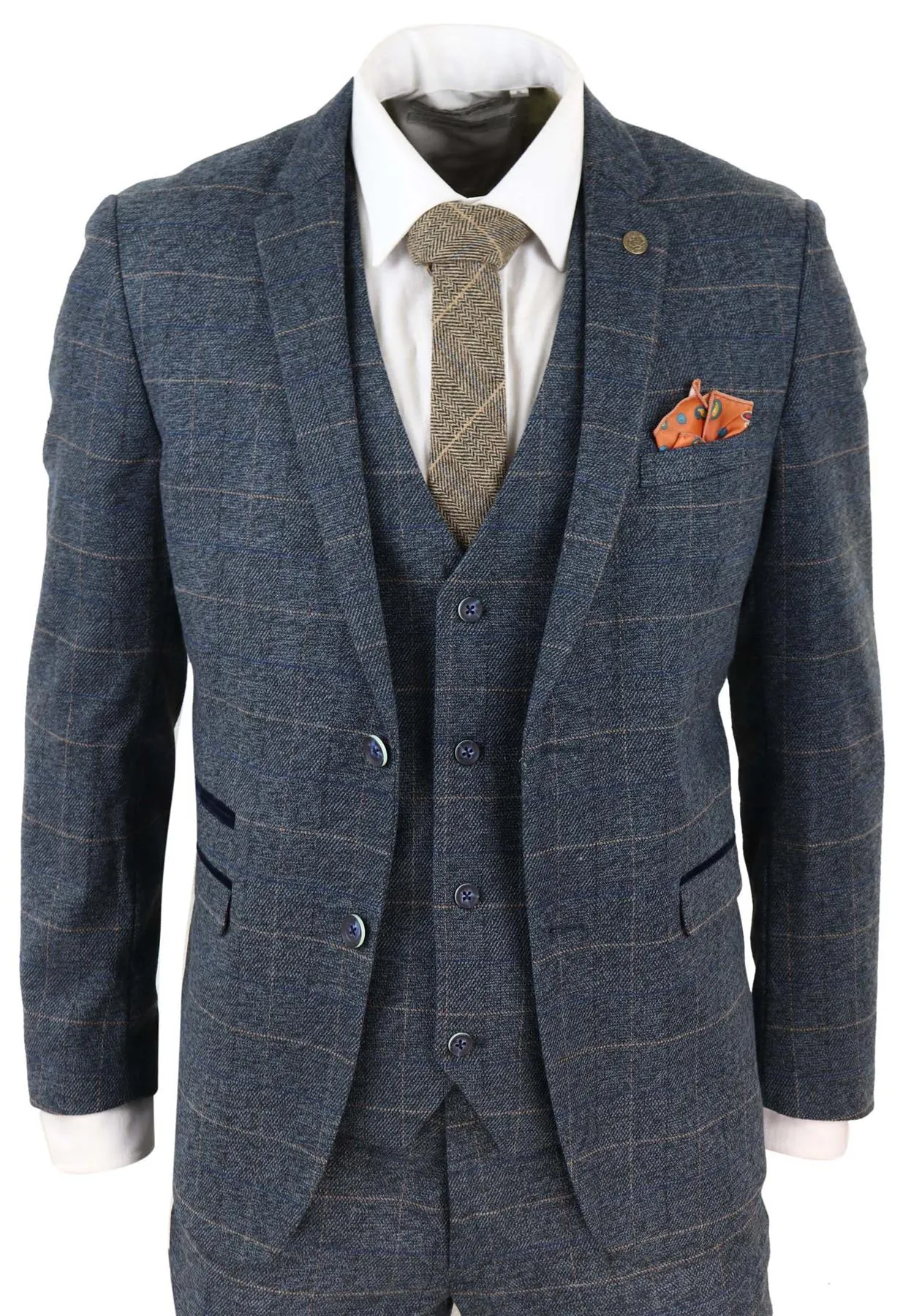 Costume vintage en tweed bleu à carreaux, 3 pièces pour homme
