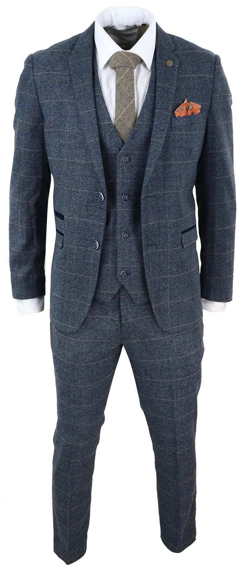 Costume vintage en tweed bleu à carreaux, 3 pièces pour homme
