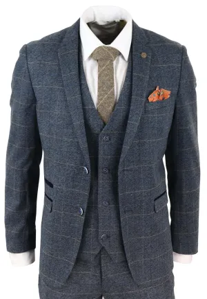 Costume vintage en tweed bleu à carreaux, 3 pièces pour homme