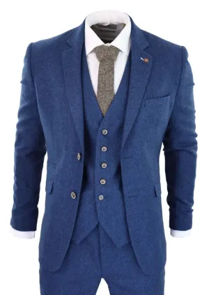Costume vintage classique en tweed bleu et laine sergé trois pièces pour homme