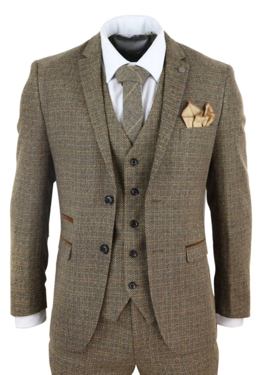 Costume vintage rétro en tweed marron à carreaux, 3 pièces pour homme