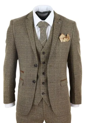 Costume vintage rétro en tweed marron à carreaux, 3 pièces pour homme