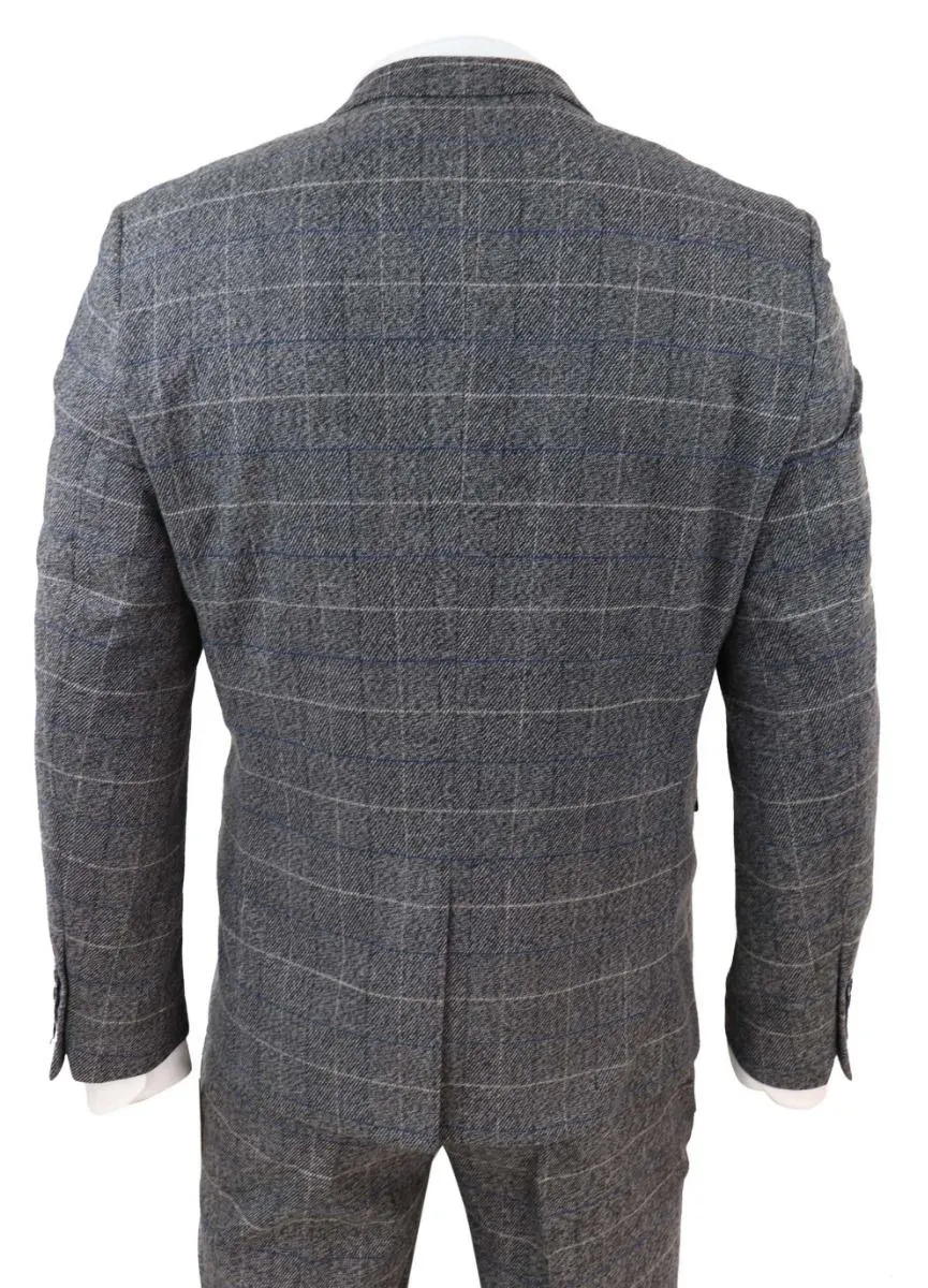 Costume vintage classique gris à carreaux bleus 3 pièces pour homme