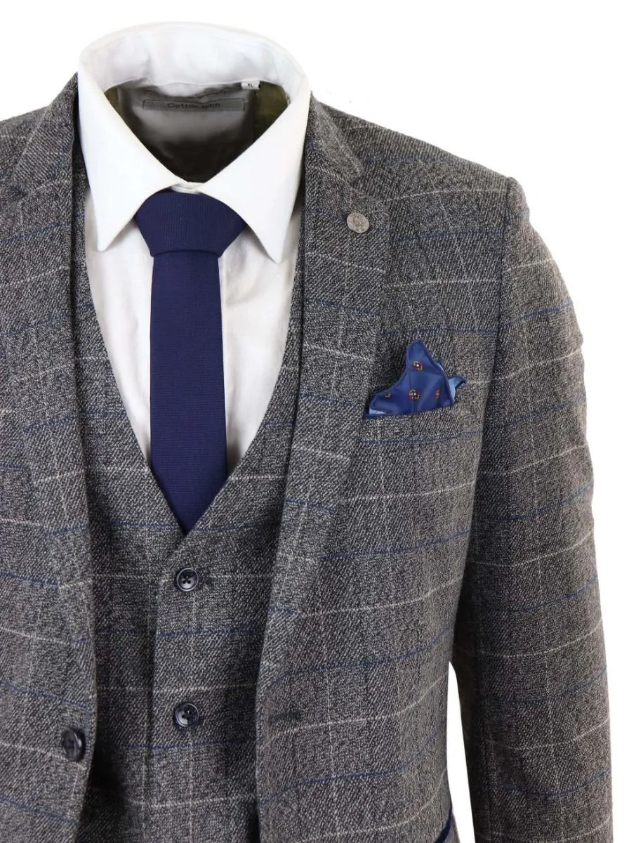 Costume vintage classique gris à carreaux bleus 3 pièces pour homme