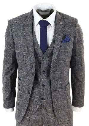 Costume vintage classique gris à carreaux bleus 3 pièces pour homme
