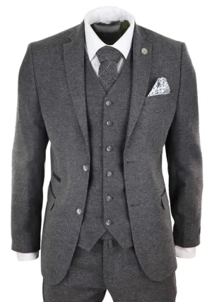 Costume vintage rétro en laine tweed gris 3 pièces pour homme