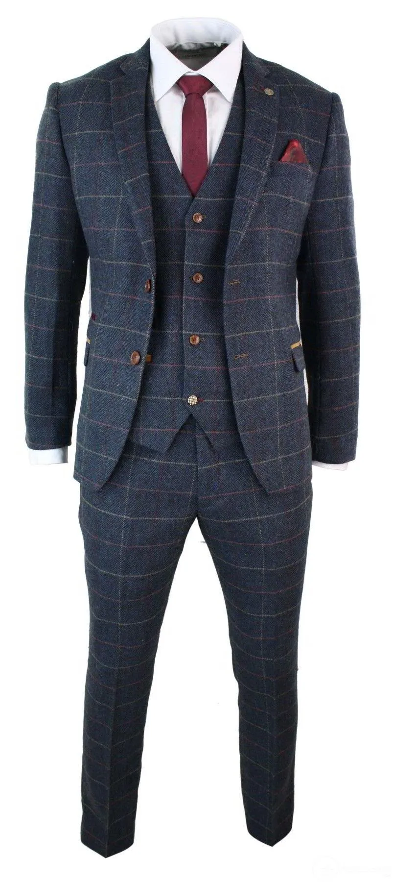 Costume vintage trois pièces en laine chinée bleu marine