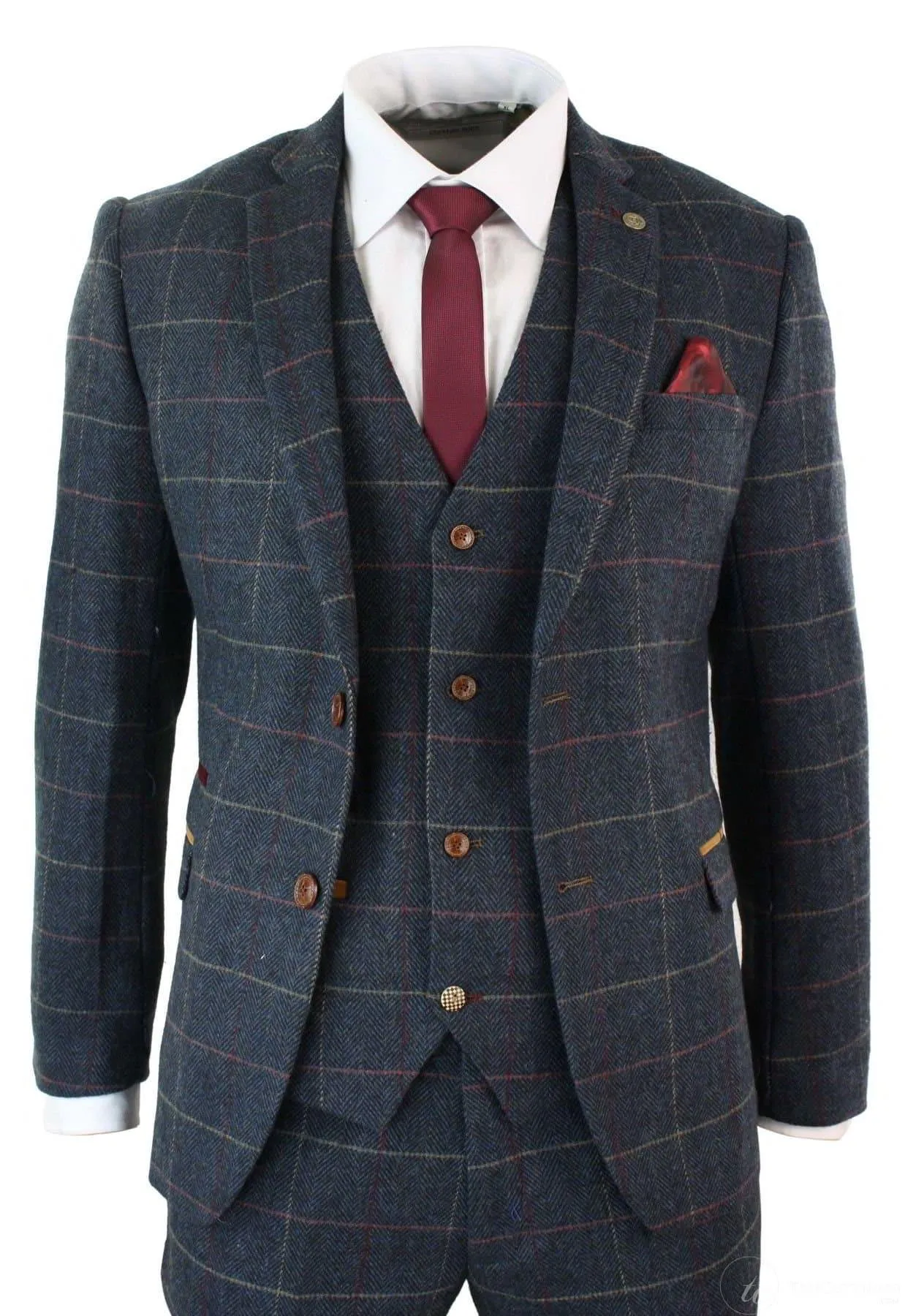 Costume vintage trois pièces en laine chinée bleu marine