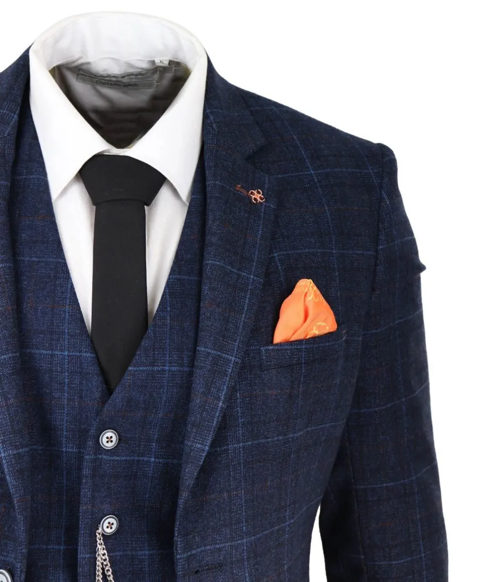 Costume classique vintage rétro en tweed à carreaux bleu marine 3 pièces pour homme