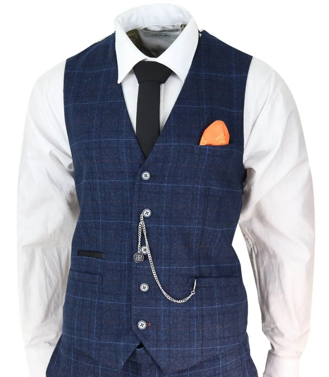 Costume classique vintage rétro en tweed à carreaux bleu marine 3 pièces pour homme