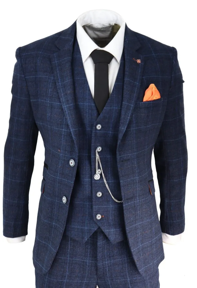 Costume classique vintage rétro en tweed à carreaux bleu marine 3 pièces pour homme