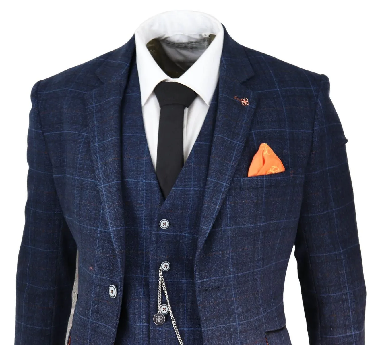 Costume classique vintage rétro en tweed à carreaux bleu marine 3 pièces pour homme