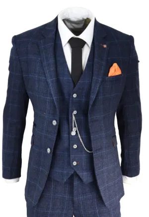 Costume classique vintage rétro en tweed à carreaux bleu marine 3 pièces pour homme