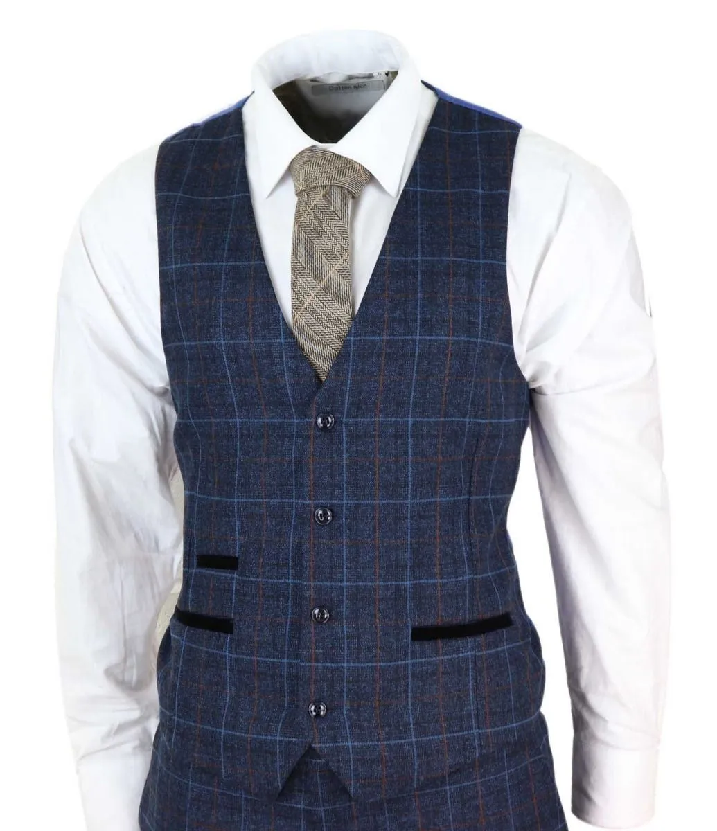 Costume vintage en tweed à carreaux bleu marine 3 pièces pour homme