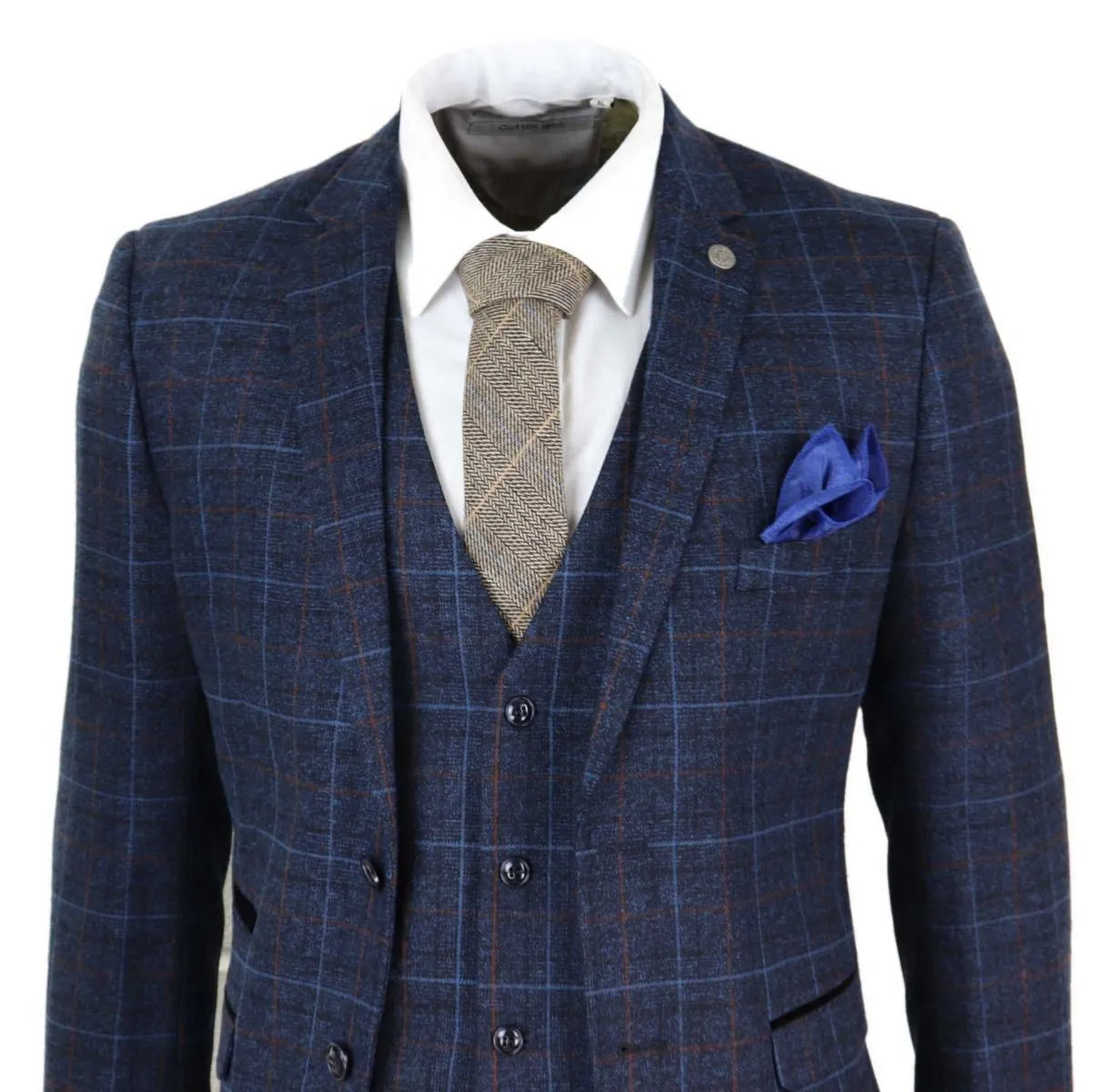 Costume vintage en tweed à carreaux bleu marine 3 pièces pour homme