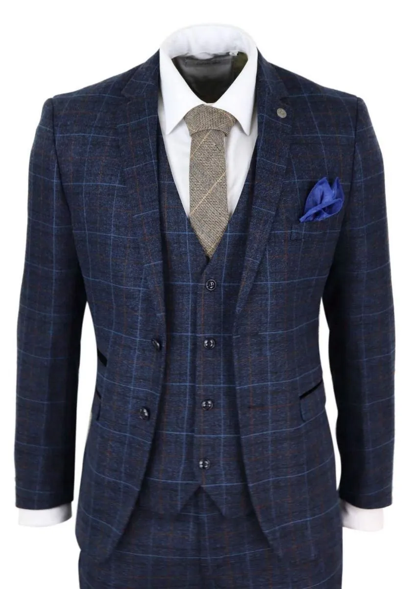 Costume vintage en tweed à carreaux bleu marine 3 pièces pour homme