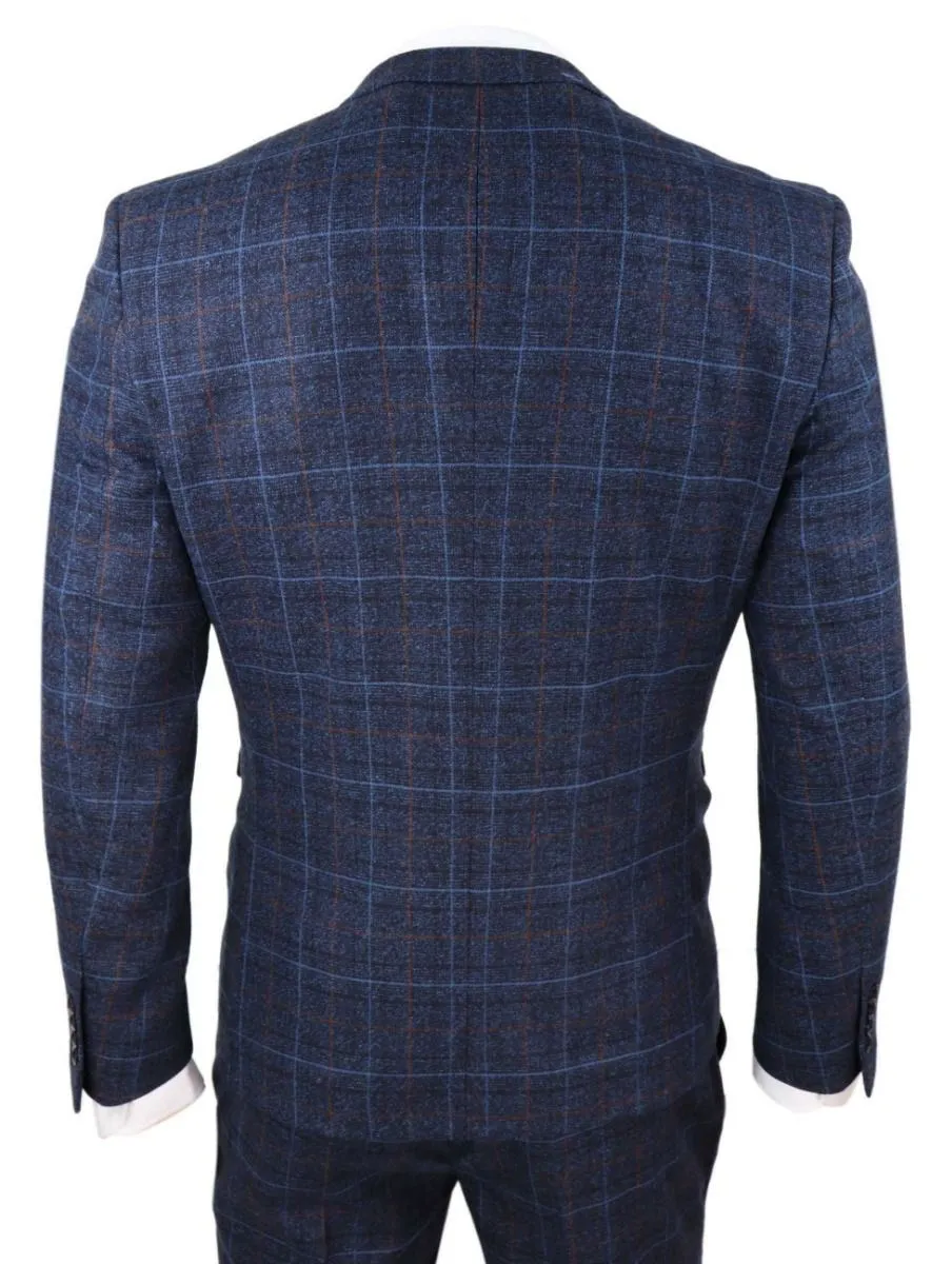 Costume vintage en tweed à carreaux bleu marine 3 pièces pour homme