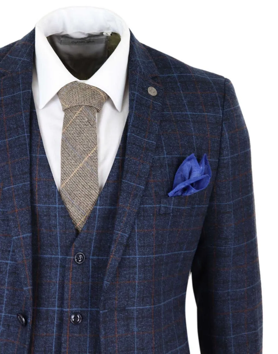 Costume vintage en tweed à carreaux bleu marine 3 pièces pour homme