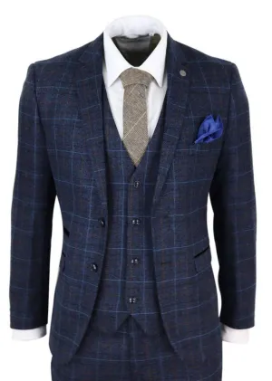 Costume vintage en tweed à carreaux bleu marine 3 pièces pour homme