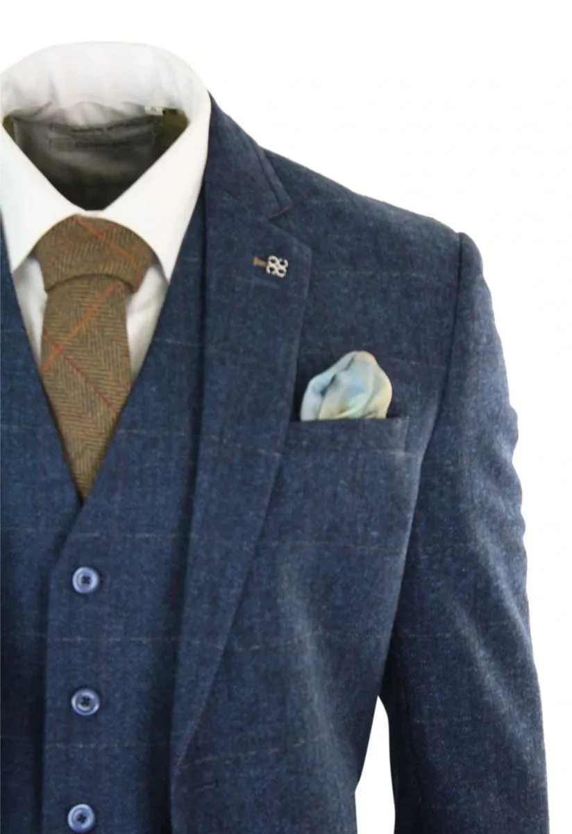 Costume classique vintage en tweed à chevrons bleu marine 3 pièces pour homme