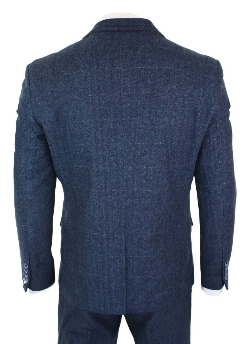 Costume classique vintage en tweed à chevrons bleu marine 3 pièces pour homme