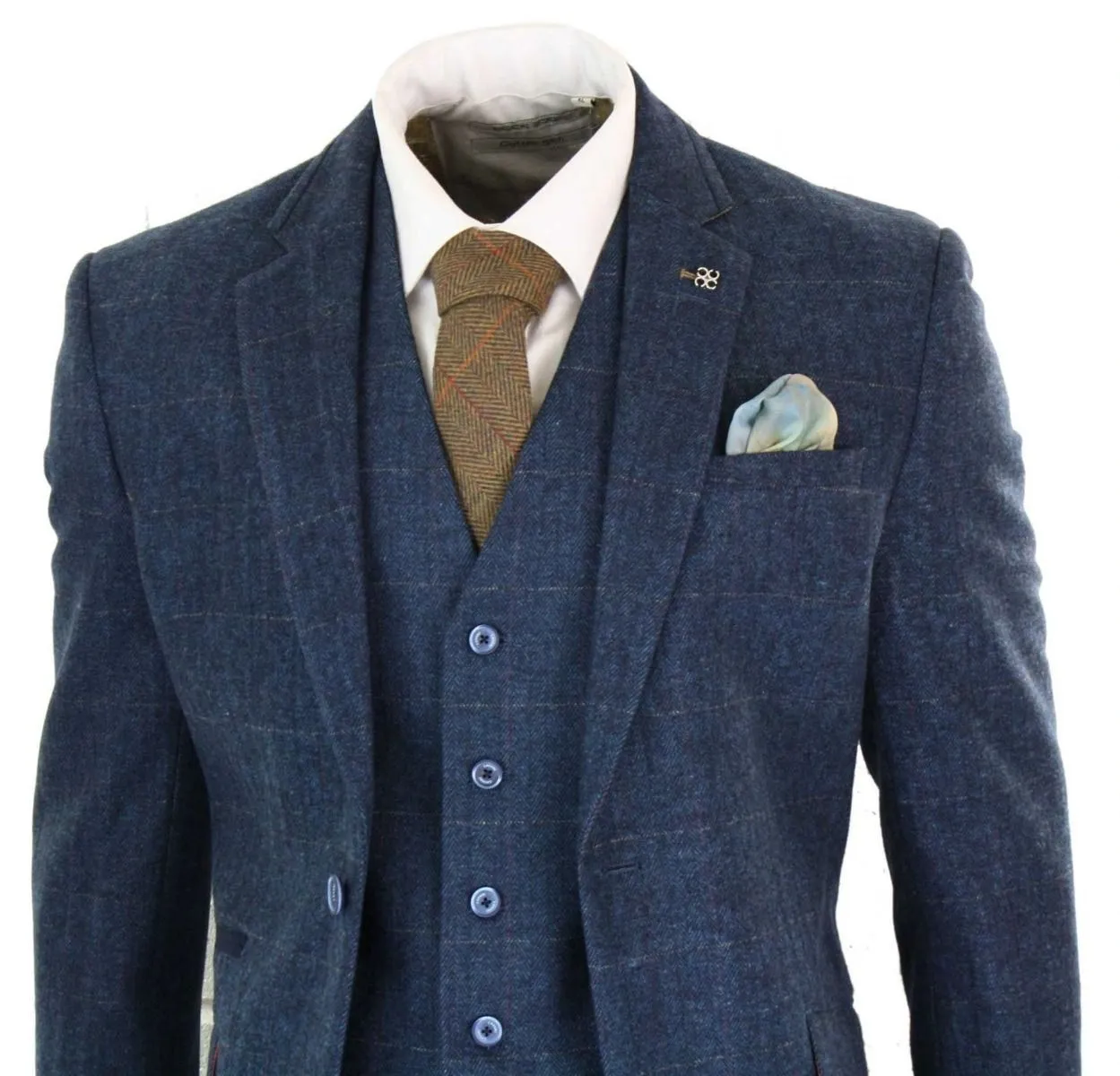Costume classique vintage en tweed à chevrons bleu marine 3 pièces pour homme