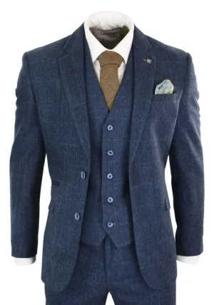 Costume classique vintage en tweed à chevrons bleu marine 3 pièces pour homme