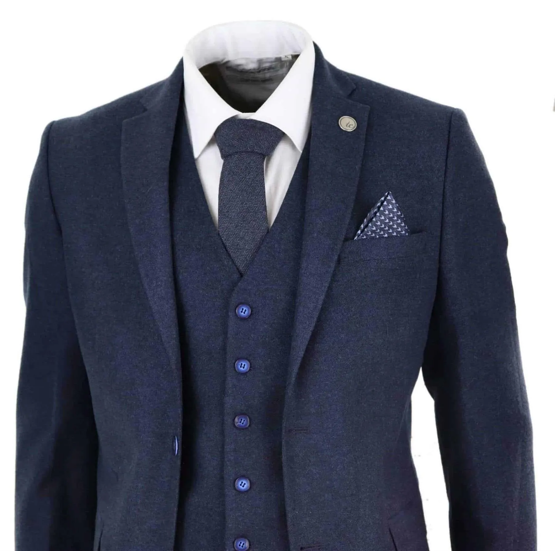 Costume vintage rétro en laine tweed bleu marine 3 pièces pour homme