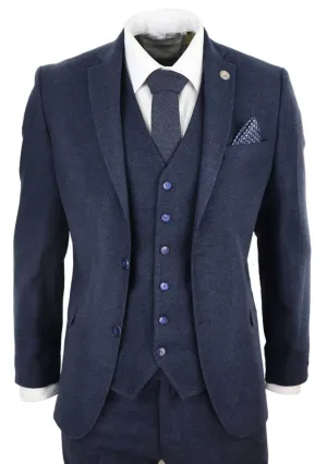 Costume vintage rétro en laine tweed bleu marine 3 pièces pour homme