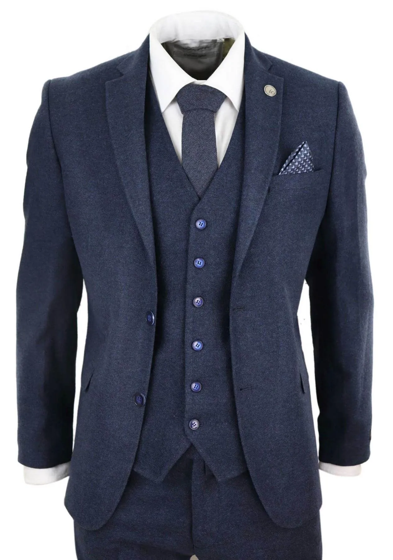 Costume vintage rétro en laine tweed bleu marine 3 pièces pour homme