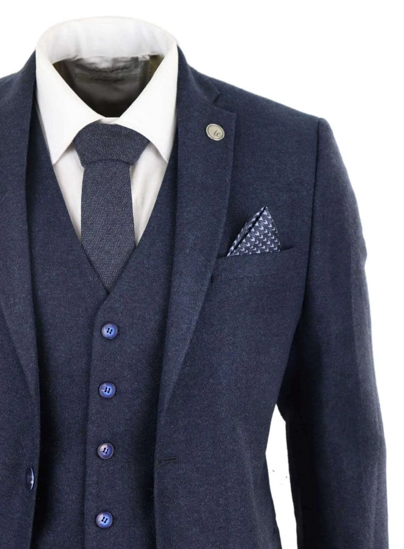 Costume vintage rétro en laine tweed bleu marine 3 pièces pour homme