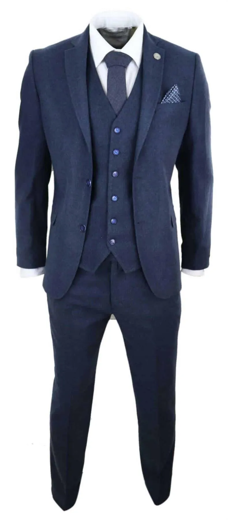 Costume vintage rétro en laine tweed bleu marine 3 pièces pour homme