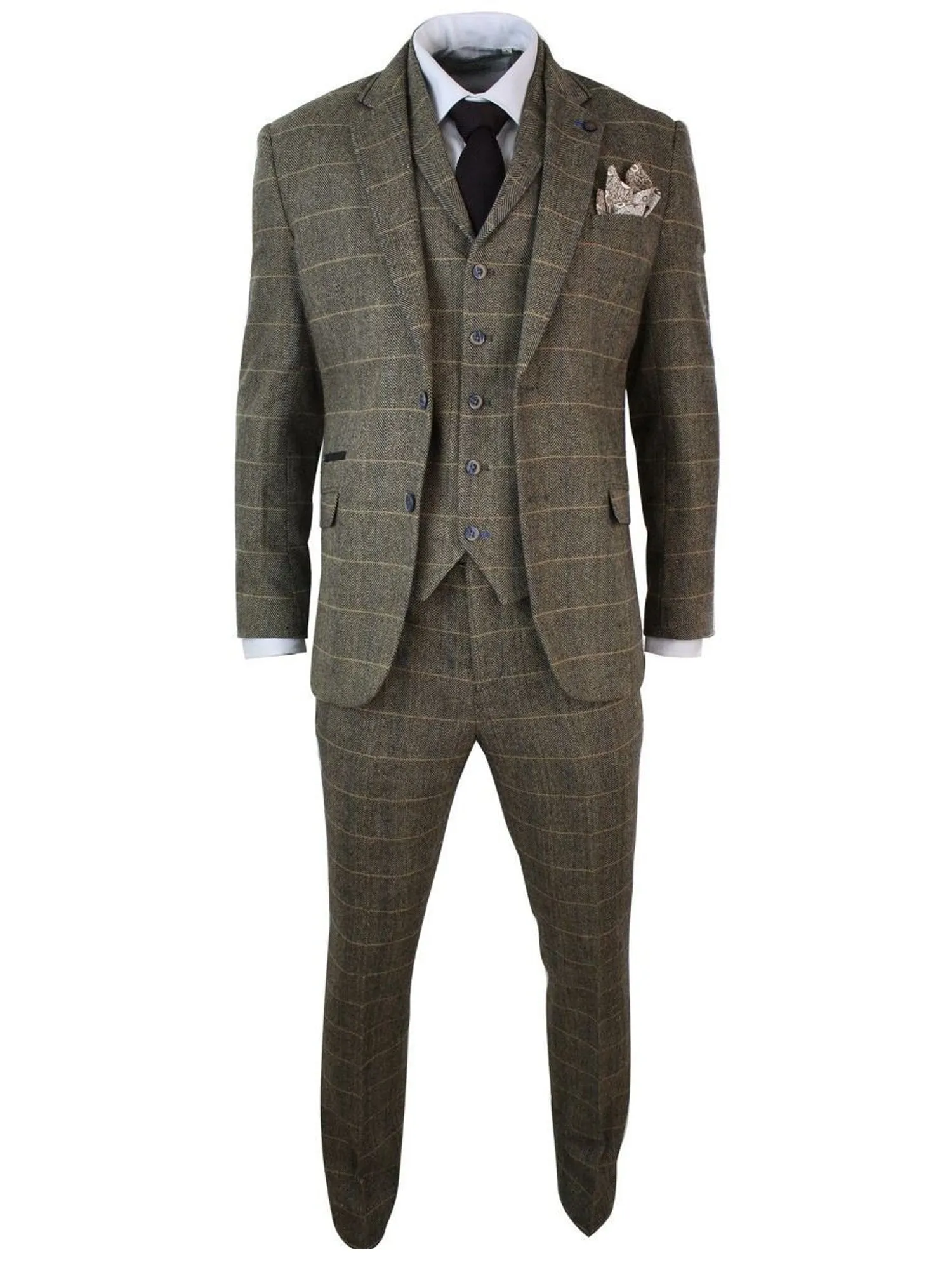 Costume vintage classique en tweed à chevrons marron beige 3 pièces pour homme
