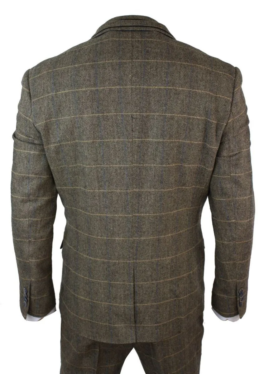 Costume vintage classique en tweed à chevrons marron beige 3 pièces pour homme