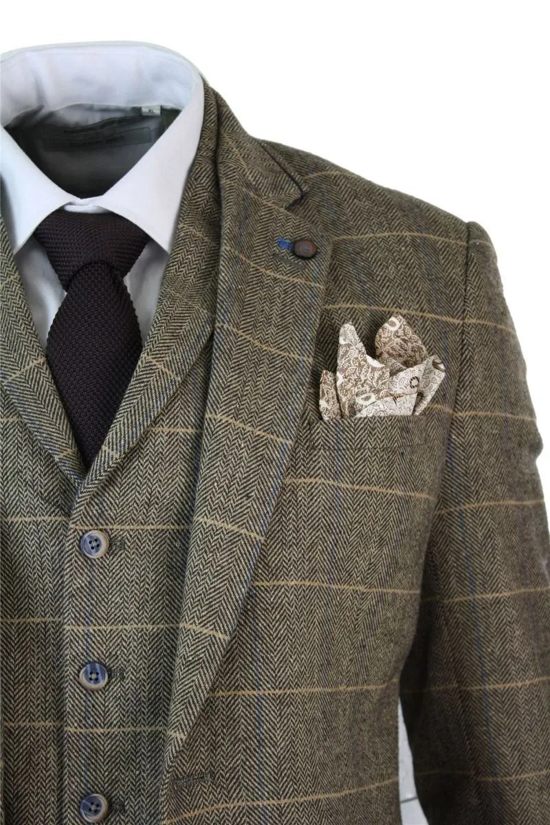 Costume vintage classique en tweed à chevrons marron beige 3 pièces pour homme