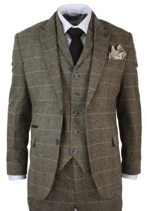 Costume vintage classique en tweed à chevrons marron beige 3 pièces pour homme