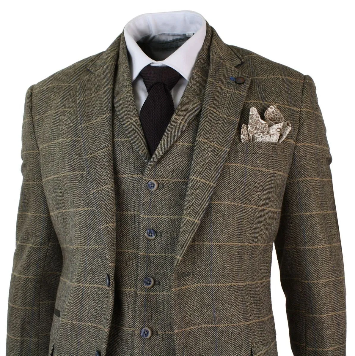 Costume vintage classique en tweed à chevrons marron beige 3 pièces pour homme