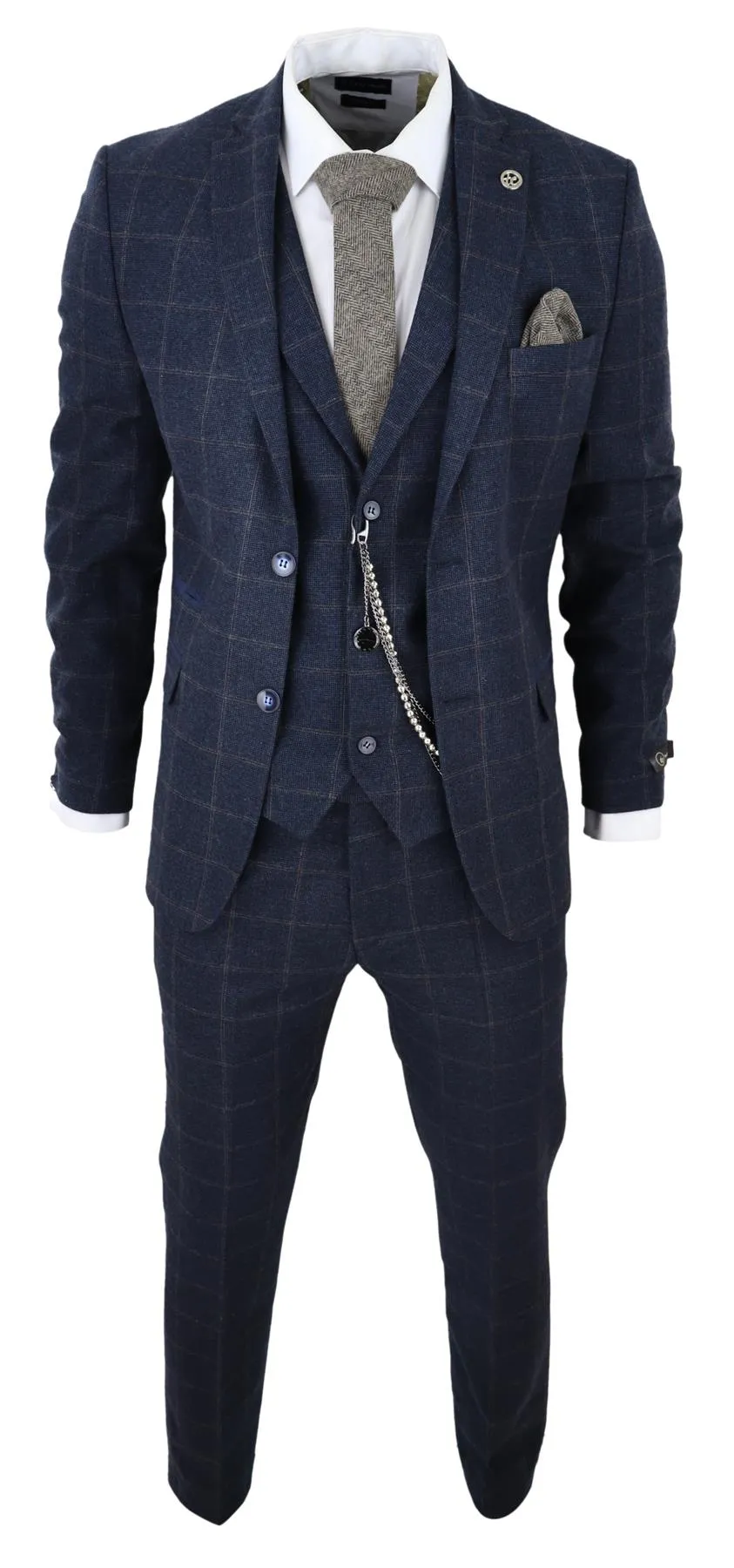 Costume Homme 3 Pièces Laine Bleu Marine Tweed à Carreaux Style Peaky Blinders Années 1920 Gatsby Formel