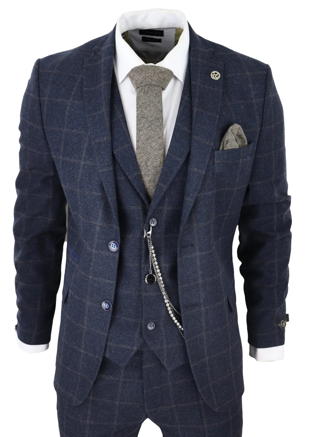 Costume Homme 3 Pièces Laine Bleu Marine Tweed à Carreaux Style Peaky Blinders Années 1920 Gatsby Formel