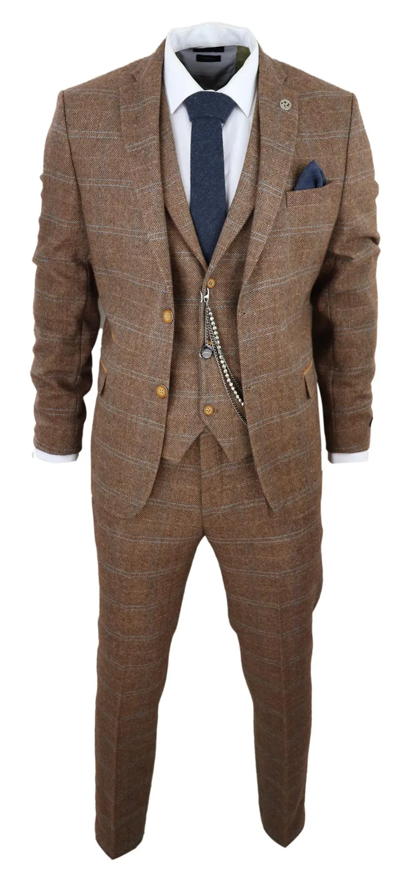 Costume en laine 3 pièces marron chêne à motif chevron style Peaky Blinders Gatsby