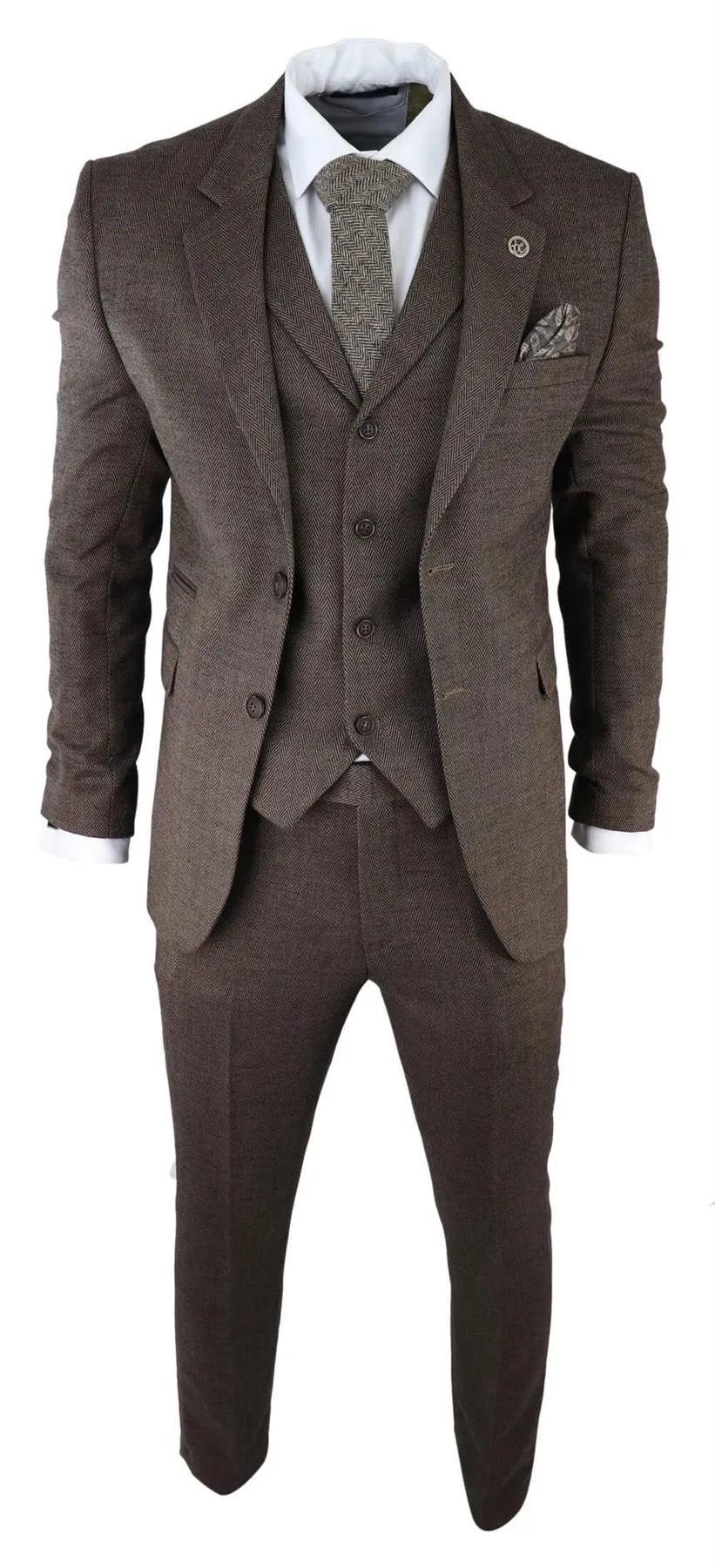 Costume 3 pièces en tweed à chevrons marron pour homme - Style sur mesure classique Peaky Blinders
